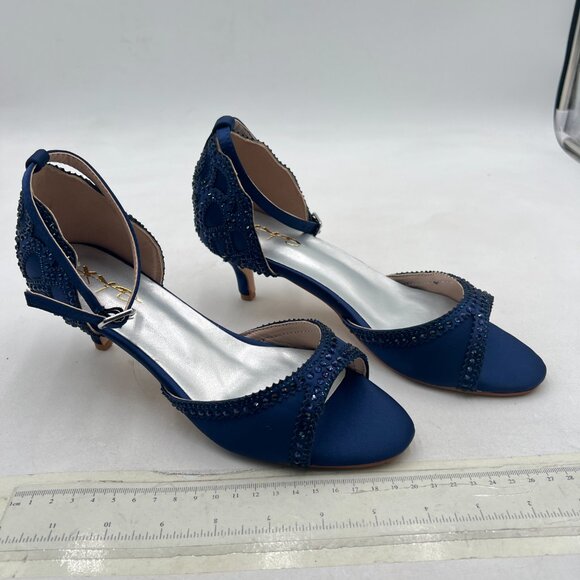 XYD Navy Open Toe Rhinestones Ankle Strap Sandals Low Heel Bridal Evening Shoes - Picture 4 of 8